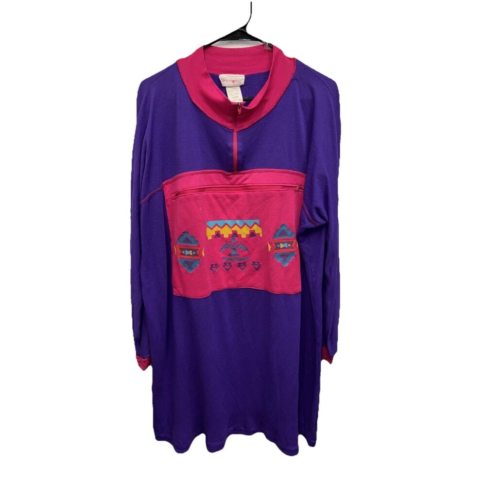 Apostrophe Purple Dress L Pullover Aztec Zip Pocket Retro Long Sleeve Flaws USA
